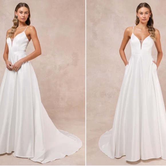 LULU's Bridal Wedding Chic Classy Modern Sexy Minimalist Sexy Satin A-Line Gown - Picture 3 of 5